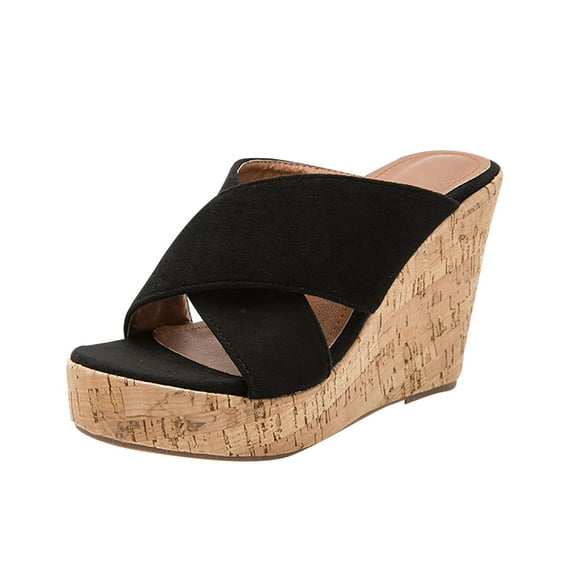 Anuirheih Clearance Slip on Sandals Women,Summer Women's Shoes Back Empty Thick-soled Thick-heeled Wedge Slippers(Black)
