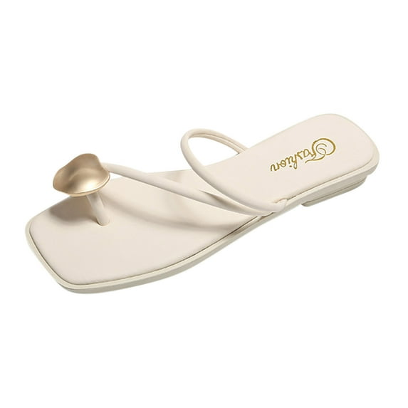 Anuirheih Slip on Sandals Women,Summer Women's Shoes Fashion Metal Buckle Flat Roman Clip Toe Casual Women Sandals(Beige)