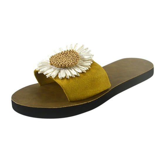 Anuirheih Slip on Sandals Women,Women Flock Beach Breathable Flowers Sandals Home Slipper Flip-Flops Flat Shoes(Yellow)