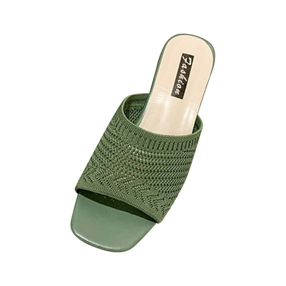 Anuirheih Slip on Sandals Women,Women Ribbed Chunky Heeled Sandals, Elegant White Fabric Mule Sandals(Green)