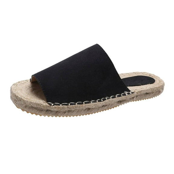 Anuirheih Slip on Sandals Women,Women Summer Casual Sewn Fisherman's Flat Bottomed Hand Woven Rope Bottom Slippers(Black)