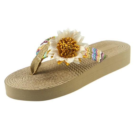 Anuirheih Slip on Sandals Women,Women Weave Beach Breathable Sandals Home Slipper Flowers Flip-Flops Flat Shoes(White)