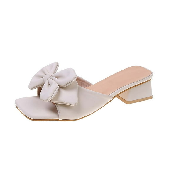 Anuirheih Slip on Sandals Women,Women's Casual Fashion Slippers Solid Color Bowknot Middle Heel Chunky Heel Slippers(White)