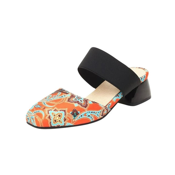 Anuirheih Slip on Sandals Women,Women's Casual Vacation Chunky Heel Printed Middle Heel Toe Sandals(Orange)