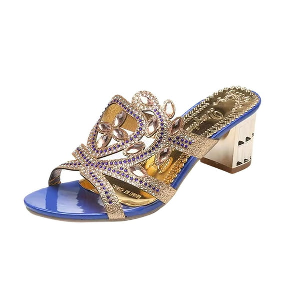 Anuirheih Clearance Slip on Sandals Women,Women's Comfortable Shoes Metal Sandals Flat Bottom Beaded Fashion Slippers(Blue)