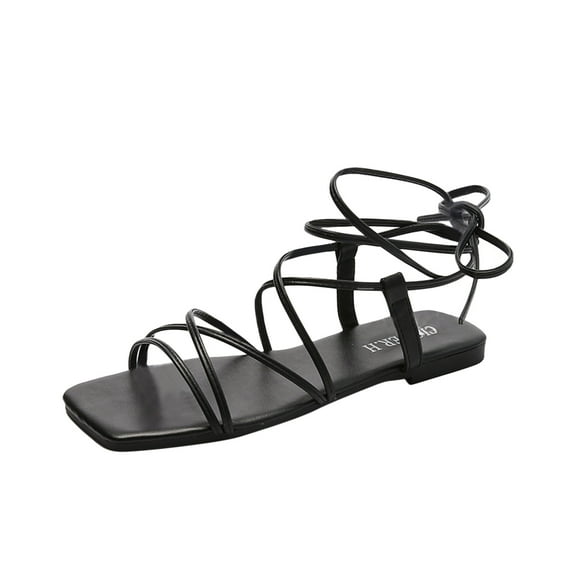 Anuirheih Slip on Sandals Women,Women's Fashion Roman Shoes Square Slippers Strap Flat Sandals(Black)