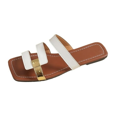 Anuirheih Clearance Slip on Sandals Women,Women's Fashionable One Line Casual Slippers Square Toe Flat Bottom Sandals(White)