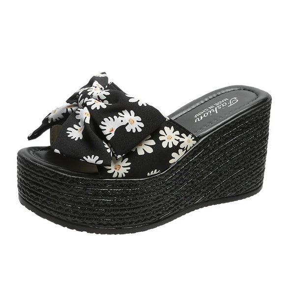 Anuirheih Slip on Sandals Women,Women's Fish Mouth Flower Bow Knot Sandals Comfortable Thick Sole Slippers(Black)