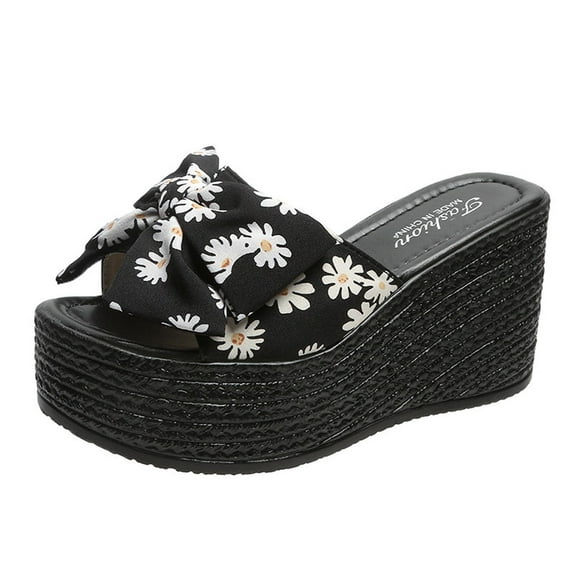 Anuirheih Slip on Sandals Women,Women's Fish Mouth Flower Bow Knot Sandals Comfortable Thick Sole Slippers(Black)