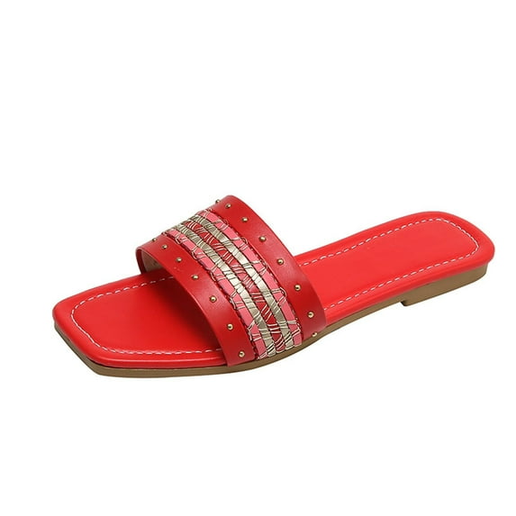 Anuirheih Slip on Sandals Women,Women's Flat Shoes Ladies Beach Sandals Summer Non-Slip Causal Slippers(Red)
