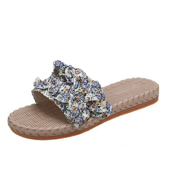 Anuirheih Slip on Sandals Women,Women's Floral Cloth Sandals Straight Line Shoes Retro Woven Flat Bottomed Slippers(Blue)
