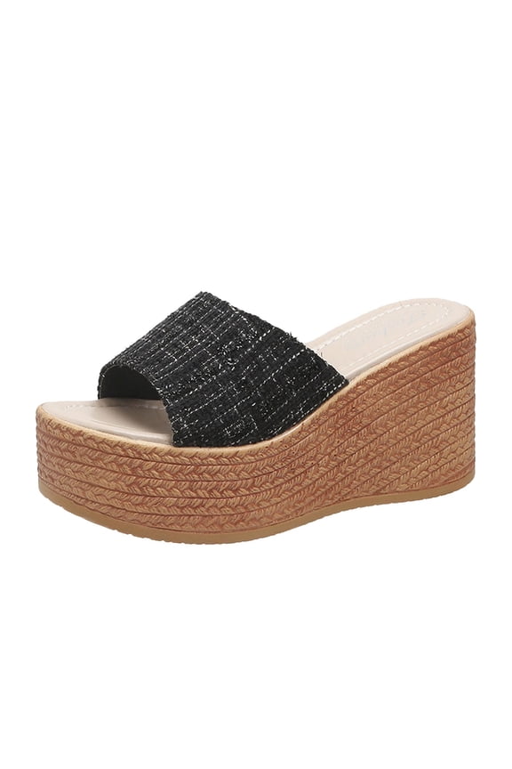 Anuirheih Slip on Sandals Women,Women's High Heels One Line Thick Sole Slippers Sponge Bottom Beach Sandals(Black)