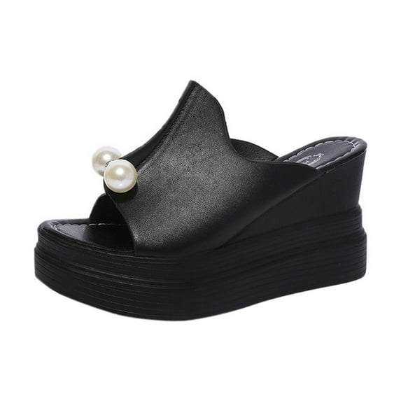 Anuirheih Slip on Sandals Women,Women's Ladies Slippers Thick-Bottom Solid Pearl Wedge Sandals Shoes(Black)