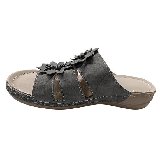 Anuirheih Clearance Slip on Sandals Women,Women's Leisure Vacation Comfort Flower Open Toe Wedge Beach Sandals(Gray)