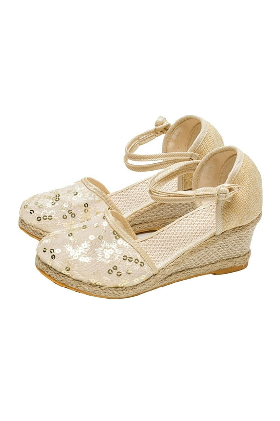 Anuirheih Slip on Sandals Women,Women's Sandals Wedge Heels Heightening Shoes Mesh Point Buckle Casual Shoes(Beige)