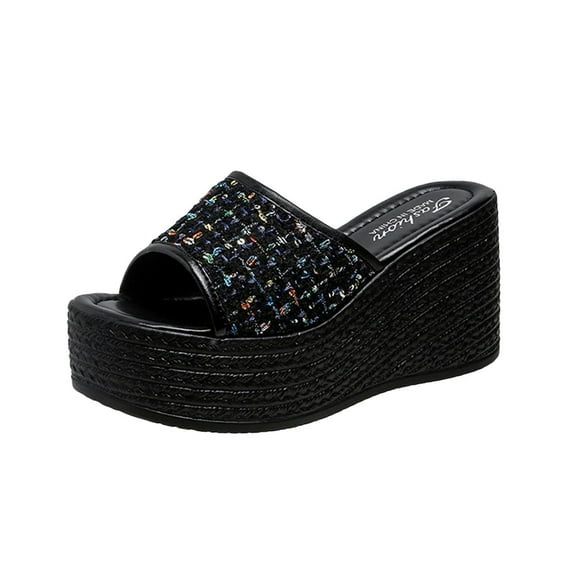 Anuirheih Slip on Sandals Women,Women's Sequin High Heels One Line Thick Sole Slippers Sponge Bottom Beach Sandals(Black)