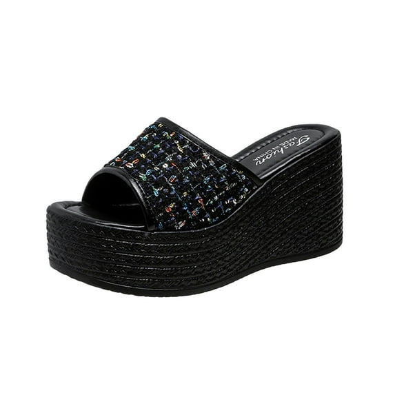 Anuirheih Slip on Sandals Women,Women's Sequin High Heels One Line Thick Sole Slippers Sponge Bottom Beach Sandals(Black)