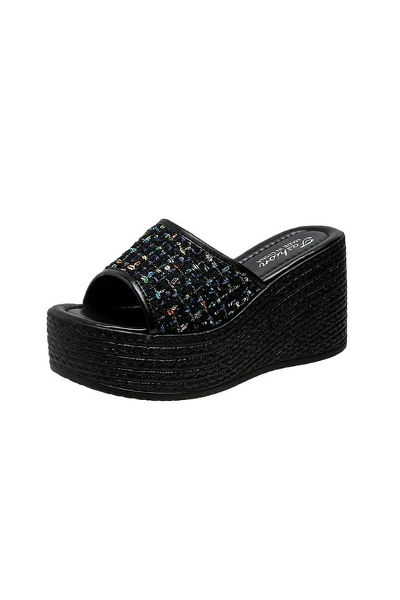 Anuirheih Slip on Sandals Women,Women's Sequin High Heels One Line Thick Sole Slippers Sponge Bottom Beach Sandals(Black)