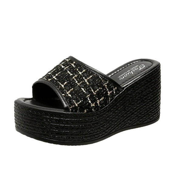 Anuirheih Slip on Sandals Women,Women's Sequin High Heels One Line Thick Sole Slippers Sponge Bottom Beach Sandals(Black)