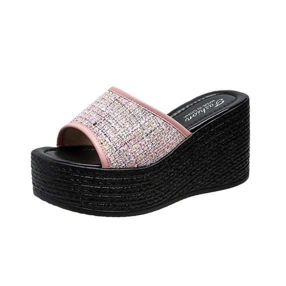 Anuirheih Clearance Slip on Sandals Women,Women's Sequin High Heels One Line Thick Sole Slippers Sponge Bottom Beach Sandals(Pink)