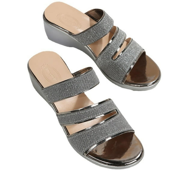 Anuirheih Slip on Sandals Women,Women's Shoes Ladies Beach Wedge Sandals Summer Non-Slip Causal Slippers(Silver)