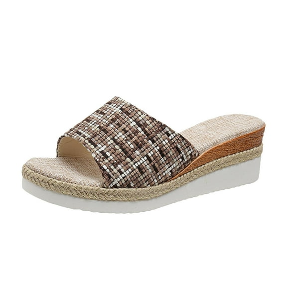 Anuirheih Slip on Sandals Women,Women's Slope Heel One Line Buckle Middle Heel Sandals Comfortable Slippers(Brown)