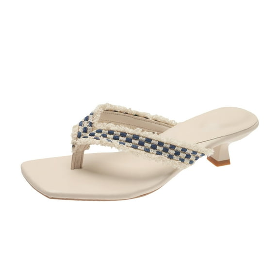 Anuirheih Slip on Sandals Women,Women's Square Toe Clipped Herringbone Beach Thin Heel Medium Heel Sandals(Blue)