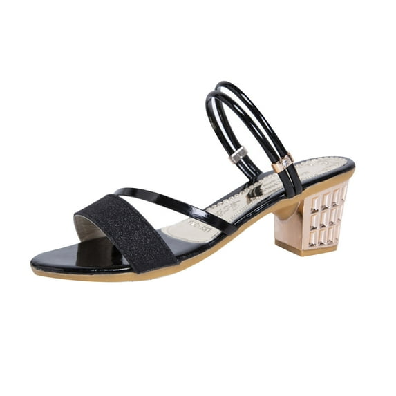 Anuirheih Slip on Sandals Women,Women's Summer Casual Round-toe Slippers Chunky Heel Middle Heel Fashion Solid Color Slippers(Black)