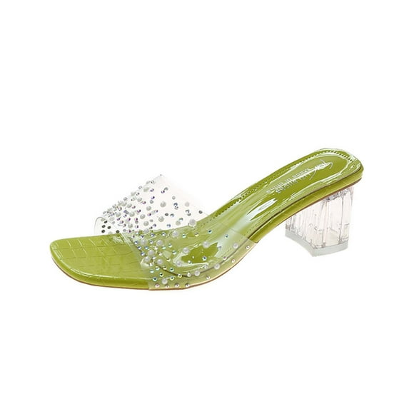 Anuirheih Slip on Sandals Women,Women's Summer Casual Slippers High Heel Chunky Heel Fashion Rhinestone Decoration Slippers(Green)