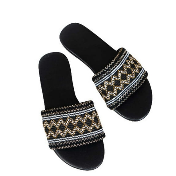 Anuirheih Clearance Slip on Sandals Women,Women's Summer Fashion Casual Color Matching Ethnic Style Flat Bottom Slippers(Black)