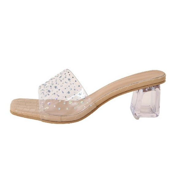 Anuirheih Clearance Slip on Sandals Women,Women's Summer Fashion Casual Square Slippers Rhinestone Decoration Middle Heel Slippers(Khaki)