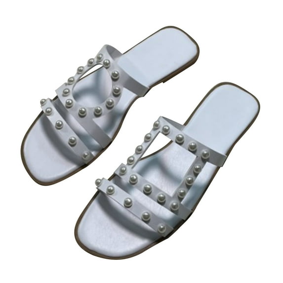 Anuirheih Slip on Sandals Women,Women's Summer New Fashion Solid Color Pearl Decoration Slippers Flat Sandals(White)
