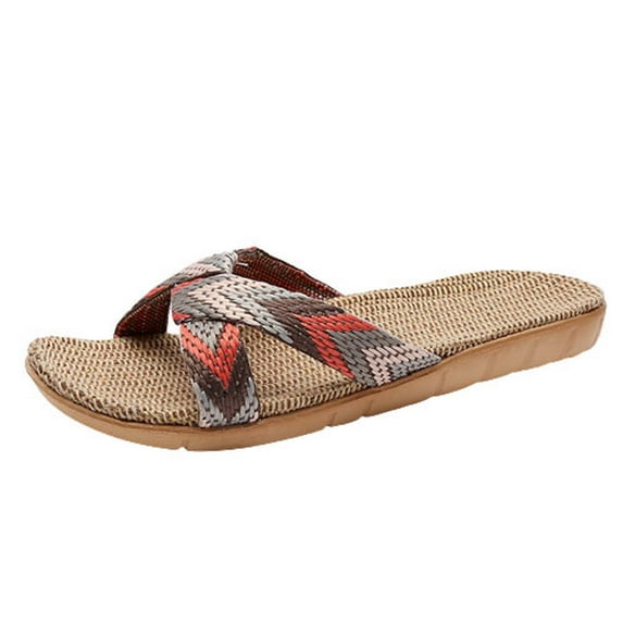 Anuirheih Slip on Sandals Women,Womens Fashion Anti-slip Linen Home Indoor Open Toe Flat Shoes Beach Slippers(Gray)