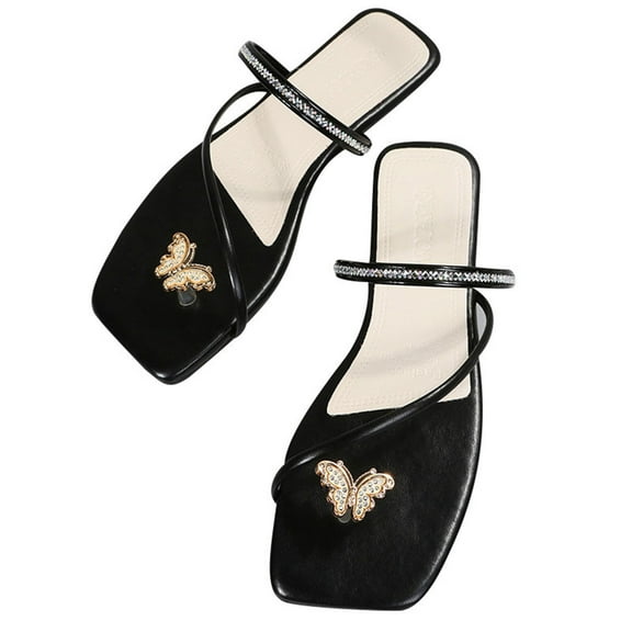 Anuirheih Slip on Sandals Women,Womens Fashion Square Toe Decorate Rhinestone Flat Sandals(Black)
