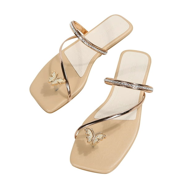 Anuirheih Slip on Sandals Women,Womens Fashion Square Toe Decorate Rhinestone Flat Sandals(Gold)