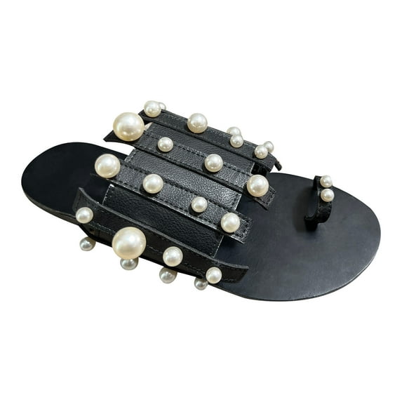 Anuirheih Slip on Sandals Women,Womens Summer Fashion Flat Slippers Pearl Decoration Solid Color Casual Beach Slippers Sandals(Black)