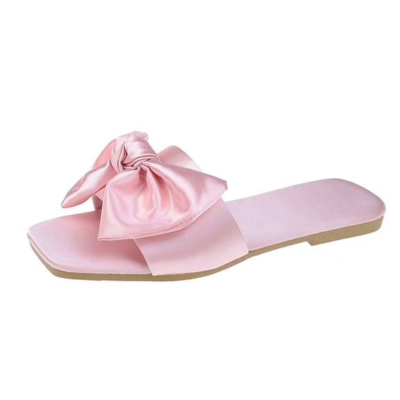 Anuirheih Slip on Sandals Women,Womens Summer Fashion Flat Slippers Square-toe Bowknot Casual Comfortable Slippers(Pink)