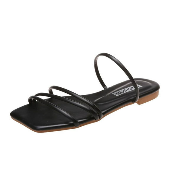 Anuirheih Slip on Sandals Women,Womens Summer Fashion Slippers Solid Color Square Toe Design Flat Sandals(Black)