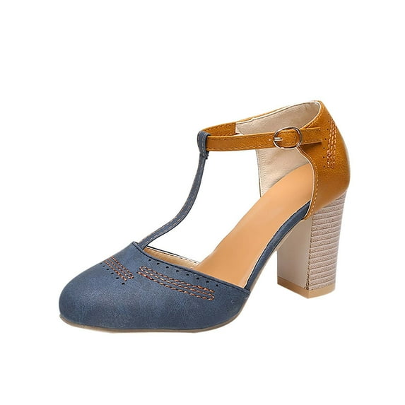 Anuirheih Closed Toe High Heels Sandals, Hollow Buckle Thick Heel Women's Single Shoes Color Matching Pump Sandals(Blue)