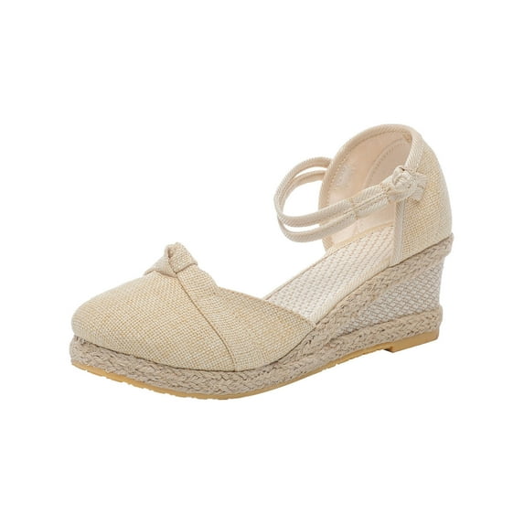 Anuirheih Closed Toe Wedges for Women, Summer Shoes Ankle Buckle Strap Sandals Mid Low Heel Canvas Dress Sandals(Beige)