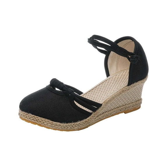 Anuirheih Closed Toe Wedges for Women, Summer Shoes Ankle Buckle Strap Sandals Mid Low Heel Canvas Dress Sandals(Black)