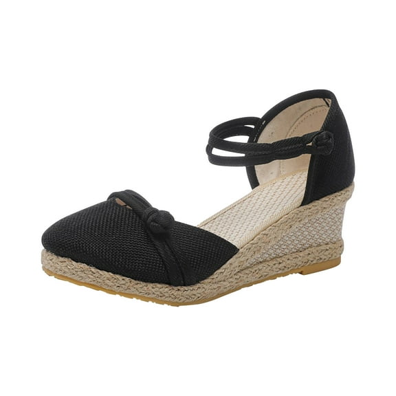 Anuirheih Closed Toe Wedges for Women, Summer Shoes Ankle Buckle Strap Sandals Mid Low Heel Canvas Dress Sandals(Black）