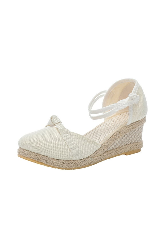 Anuirheih Closed Toe Wedges for Women, Summer Shoes Ankle Buckle Strap Sandals Mid Low Heel Canvas Dress Sandals(White)