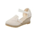 thumbnail image 1 of Anuirheih Closed Toe Wedges for Women, Summer Shoes Ankle Buckle Strap Sandals Mid Low Heel Canvas Dress Sandals(White), 1 of 9