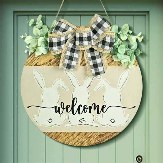 Anuirheih Easter Door Decorations 12.6'' Easter Bunny Door Sign Welcome Hanging Spring Decorations for Wall Window Indoor Outdoor(Beige)