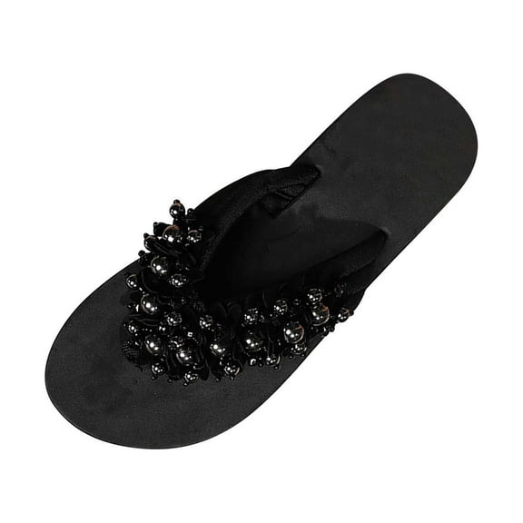 Anuirheih Fashion Women's Shoes Casual Round Toe Wedge Heel Slippers Beading Beach Sandals Sandals Women (Black)