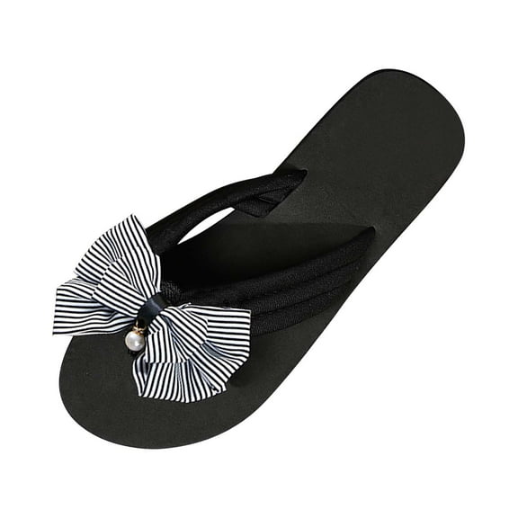 Anuirheih Fashion Women's Shoes Casual Round Toe Wedge Heel Slippers Bowknot Beach Sandals Sandals Women (Black)