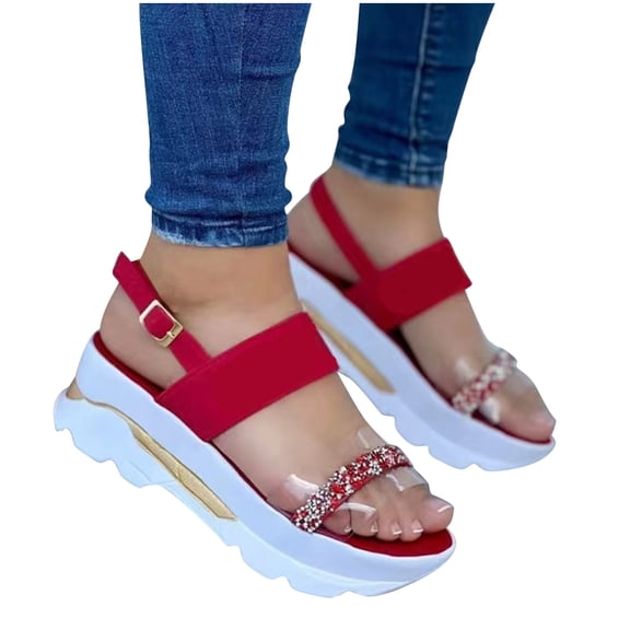 Anuirheih Flatform Sandals for Women, Open Toe Buckle Ankle Strap Wedge Sandals for Women Thick Soled Shoes(Red)