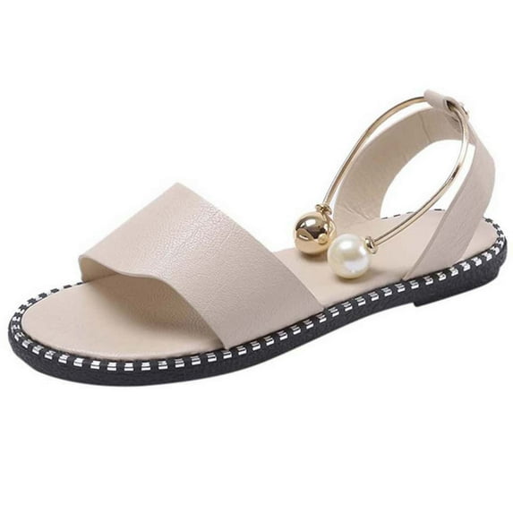 Anuirheih Flatform Sandals for Women, Open Toe Round Toe Pearl Buckle Ankle Strap Causal Sandals for Women(Beige)