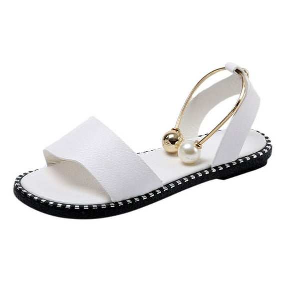 Anuirheih Flatform Sandals for Women, Open Toe Round Toe Pearl Buckle Ankle Strap Causal Sandals for Women(White๏ผ